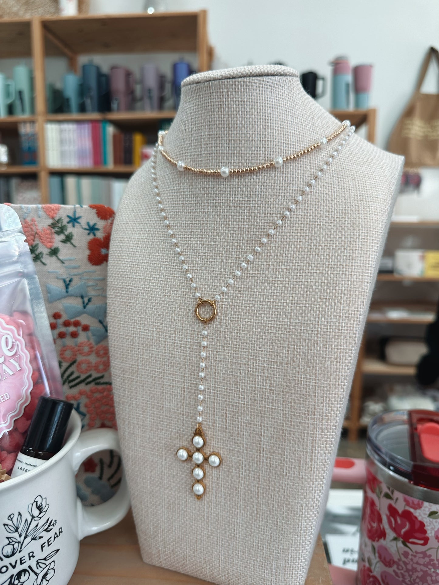 Lariat Pearl Cross Necklace