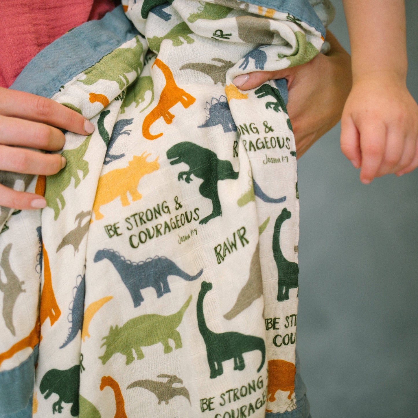 Dinosaurs "Be Strong and Courageous" Luxury Double Sided Muslin Blanket