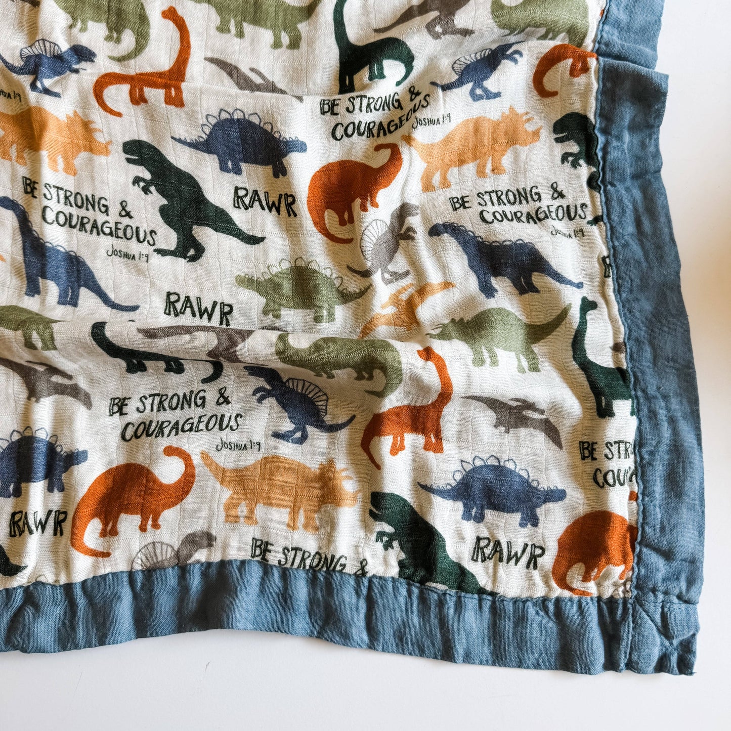 Dinosaurs "Be Strong and Courageous" Luxury Double Sided Muslin Blanket