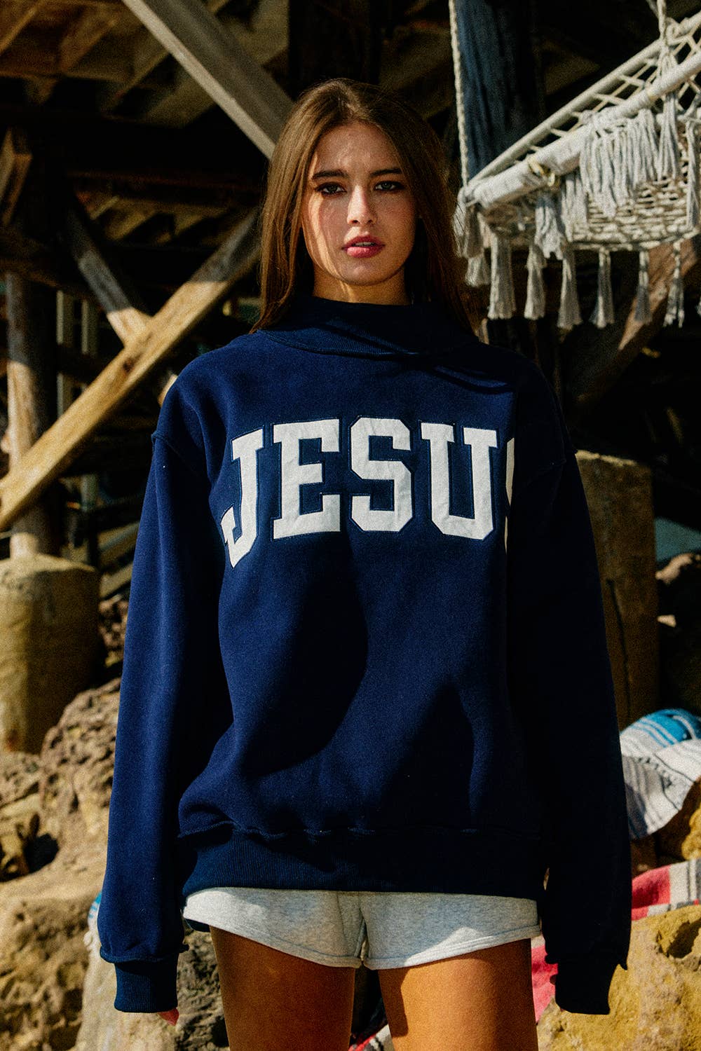 'JESUS' Navy Embroidered Mock Neck Sweatshirt