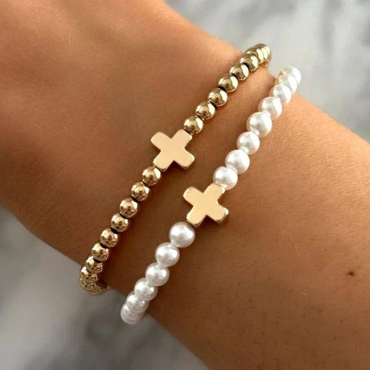 Gracie Cross Bracelet ~ 18k Gold-Plated Beads