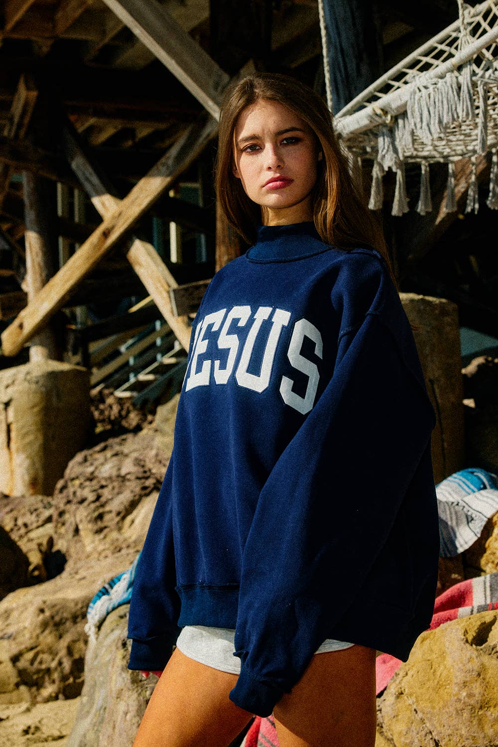 'JESUS' Navy Embroidered Mock Neck Sweatshirt