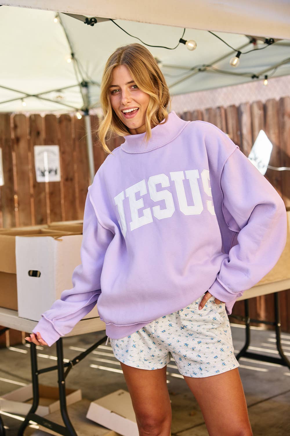 'JESUS' Lavender Embroidered Mock Neck Sweatshirt