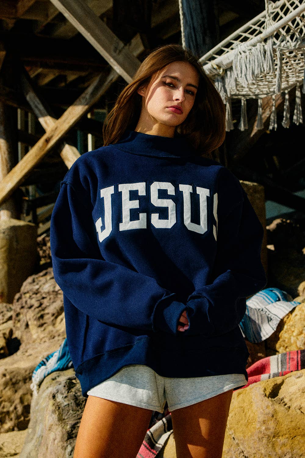 'JESUS' Navy Embroidered Mock Neck Sweatshirt
