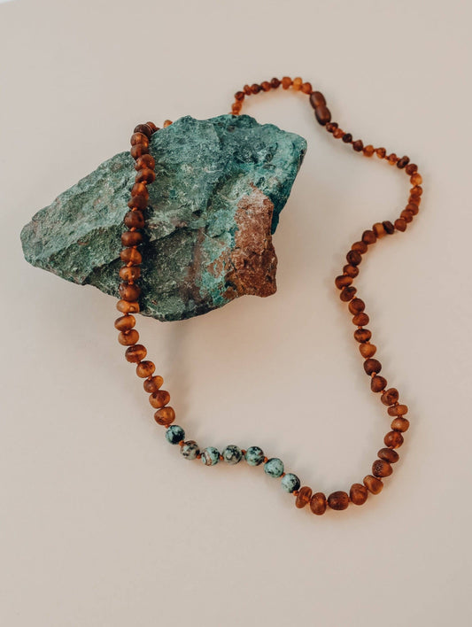 Raw Cognac Baltic Amber + Turquoise Jasper Beaded Necklace