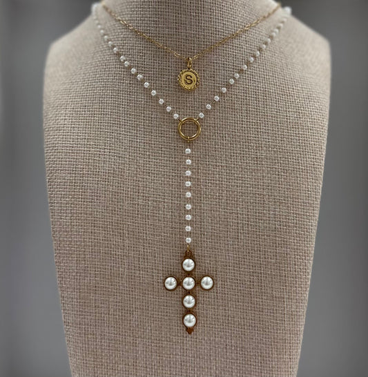 Lariat Pearl Cross Necklace