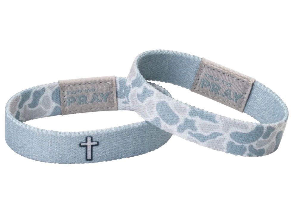 Tap To Pray Wristband: White Camo Cross