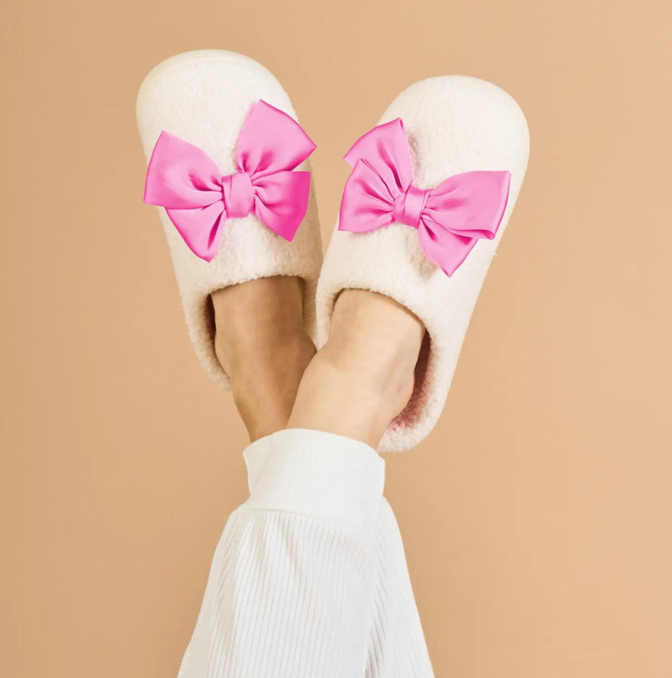 Fuzzy Hot Pink Bow Slippers
