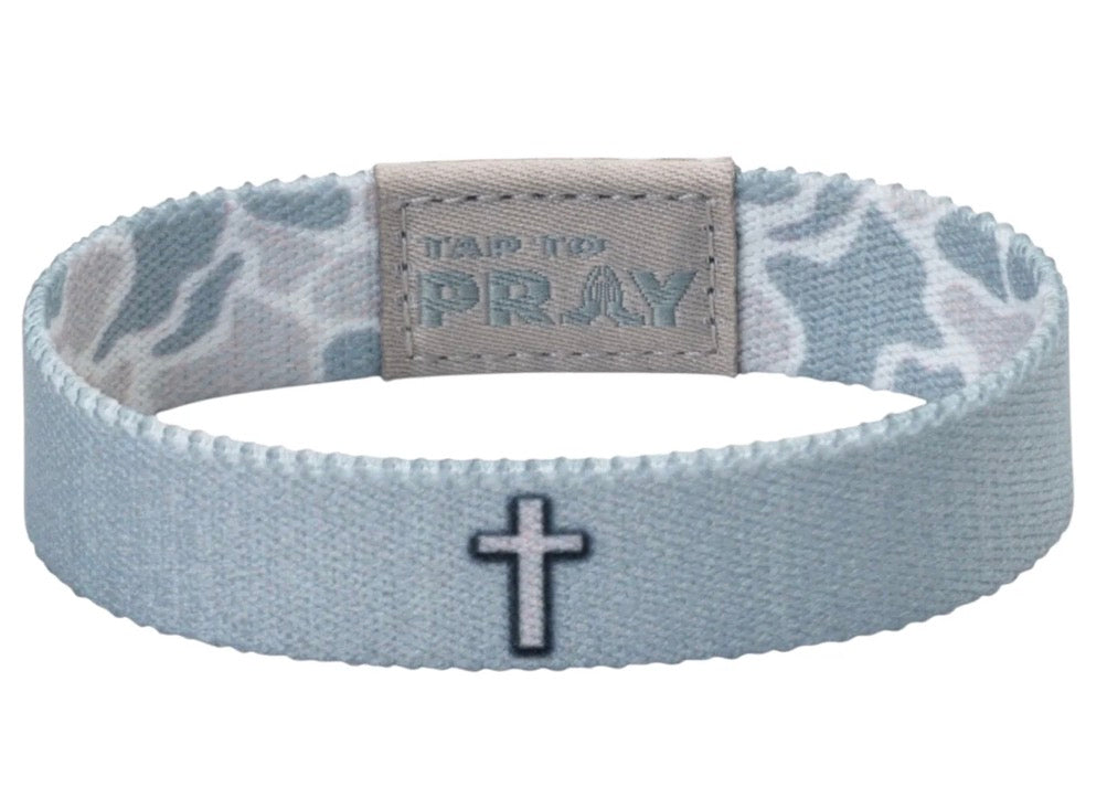 Tap To Pray Wristband: White Camo Cross