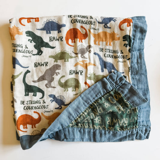 Dinosaurs "Be Strong and Courageous" Luxury Double Sided Muslin Blanket