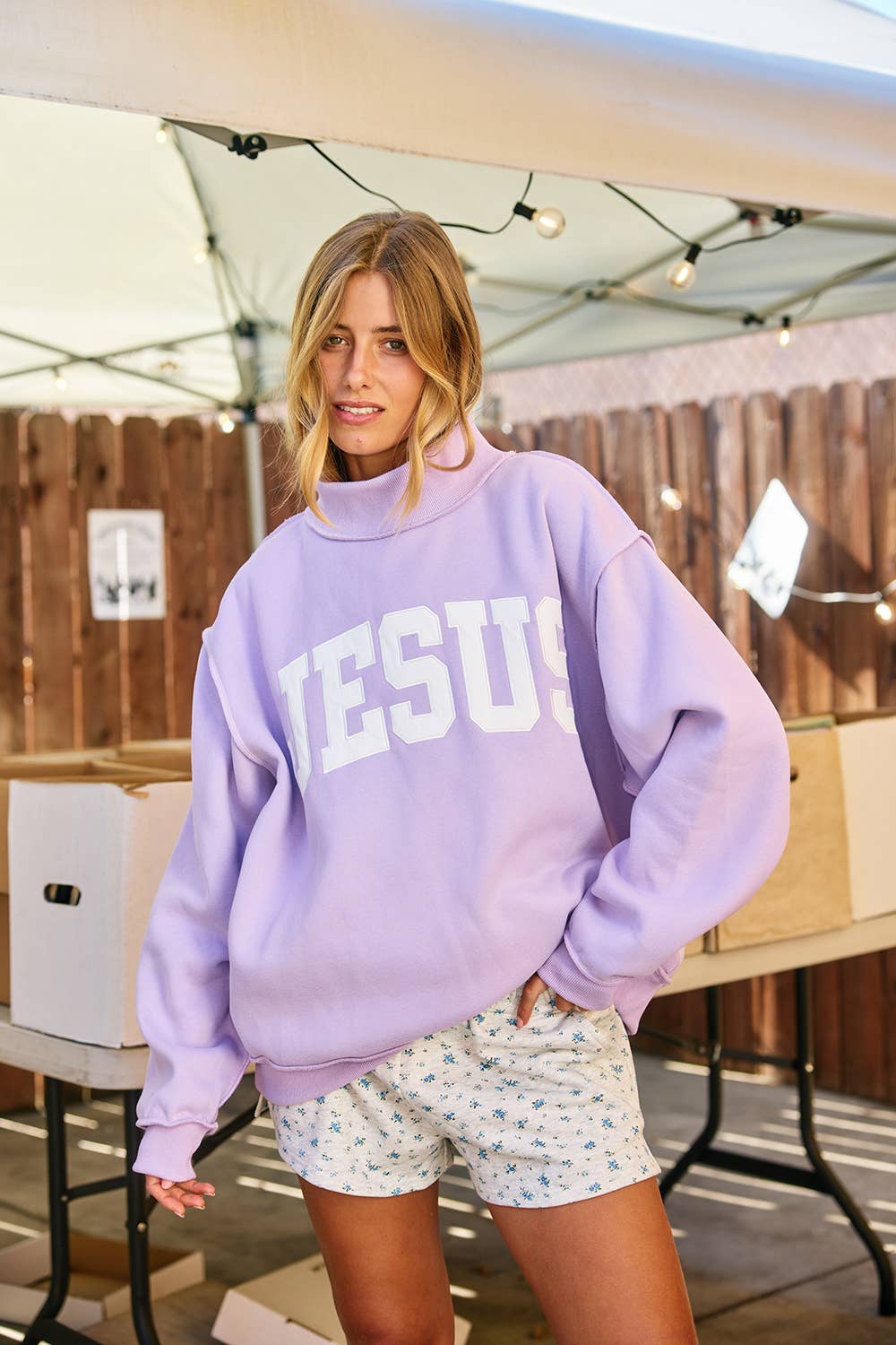 'JESUS' Lavender Embroidered Mock Neck Sweatshirt