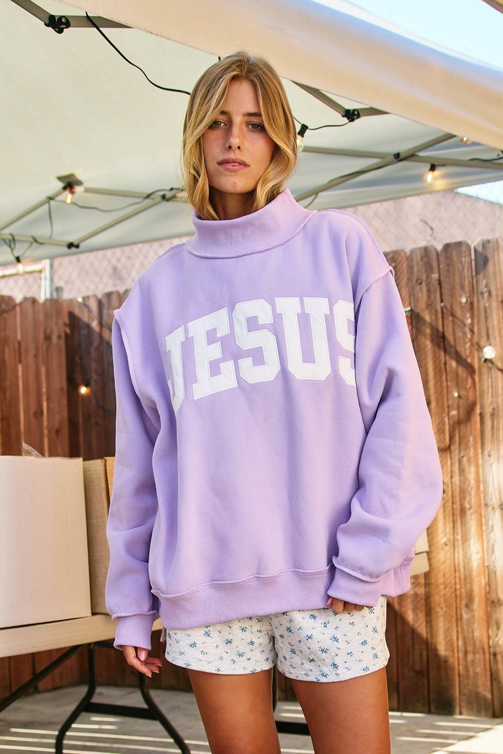 'JESUS' Lavender Embroidered Mock Neck Sweatshirt