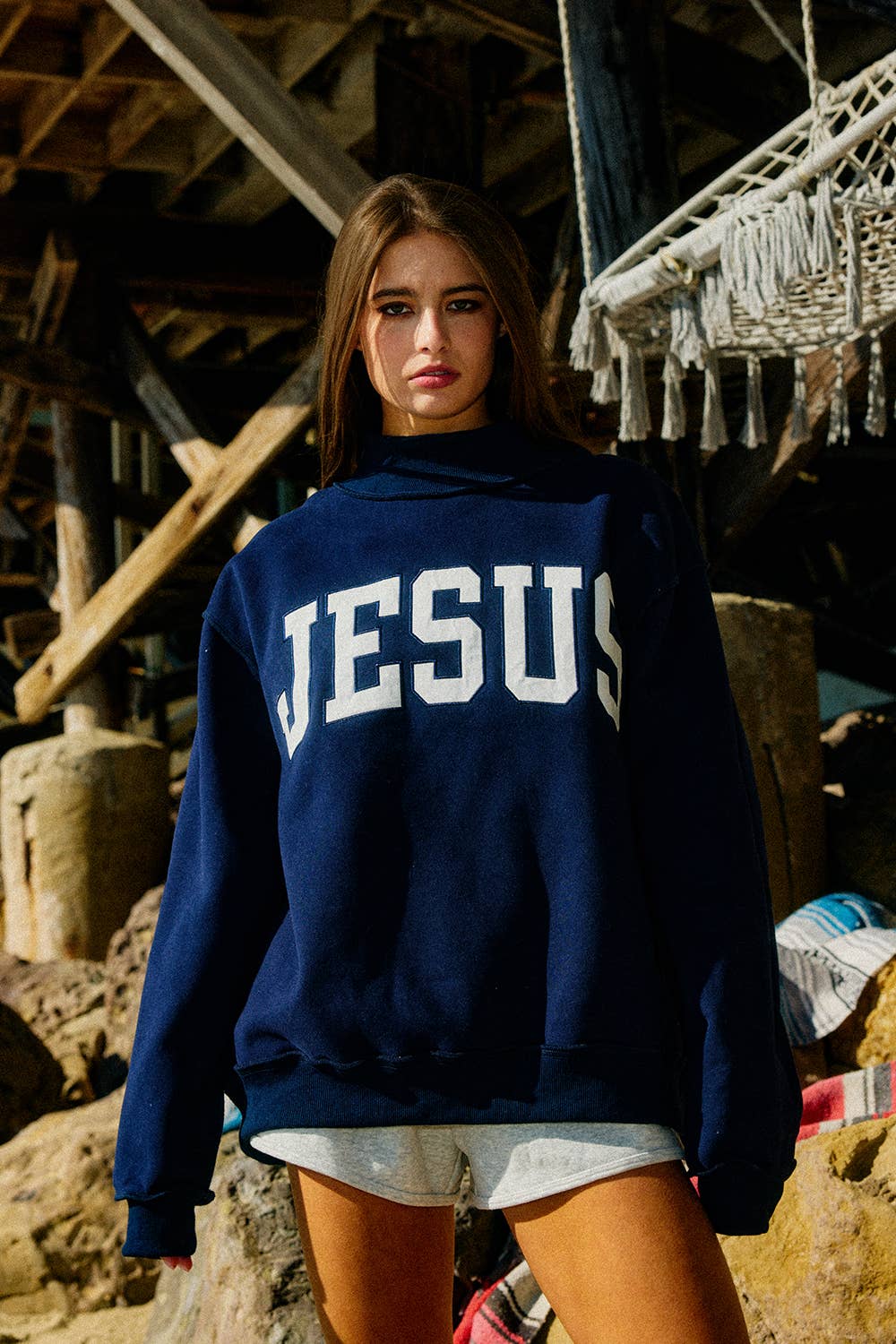 'JESUS' Navy Embroidered Mock Neck Sweatshirt